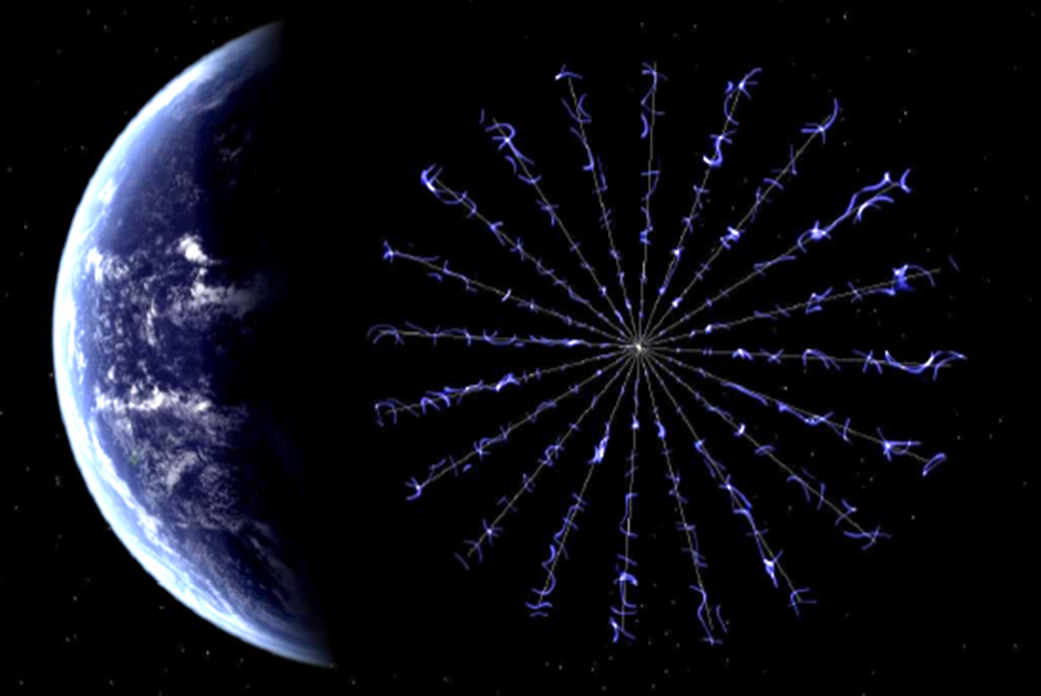 An artist's concept showing the Heliopause Electrostatic Rapid Transit System E-Sail with its tethers fully deployed. The HERTS concept is currently undergoing testing at NASA's Marshall Space Flight Center, as part of the space agency's NIAC Phase II program. Image Credit: NASA/MSFC