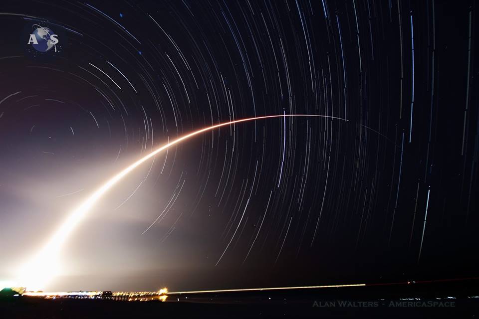 Falcon-9 flies into star trails with JCSAT-14 May 6, 2016. Photo Credit: Alan Walters / AmericaSpace