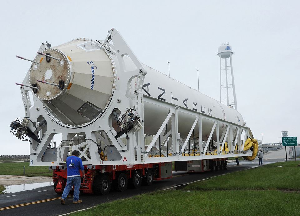 Orbital ATK’s Antares first stage with the new engines is rolled from NASA Wallops Flight Facility’s Horizontal Integration Facility to Virginia Space’s Mid-Atlantic Regional Spaceport Pad-0A on May 12, 2016, in preparation for the upcoming stage test in the next few weeks. The team will continue to work meticulously as they begin final integration and check outs on the pad and several readiness reviews prior to the test. The window for the stage test will be over multiple days to ensure technical and weather conditions are acceptable. Photo Credit: NASA/Allison Stancil