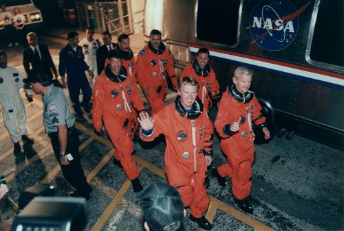 In the pre-dawn darkness of 19 May 1996, Commander John Casper (front right) leads his crew to the launch pad. Photo Credit: NASA, via Joachim Becker/SpaceFacts.de