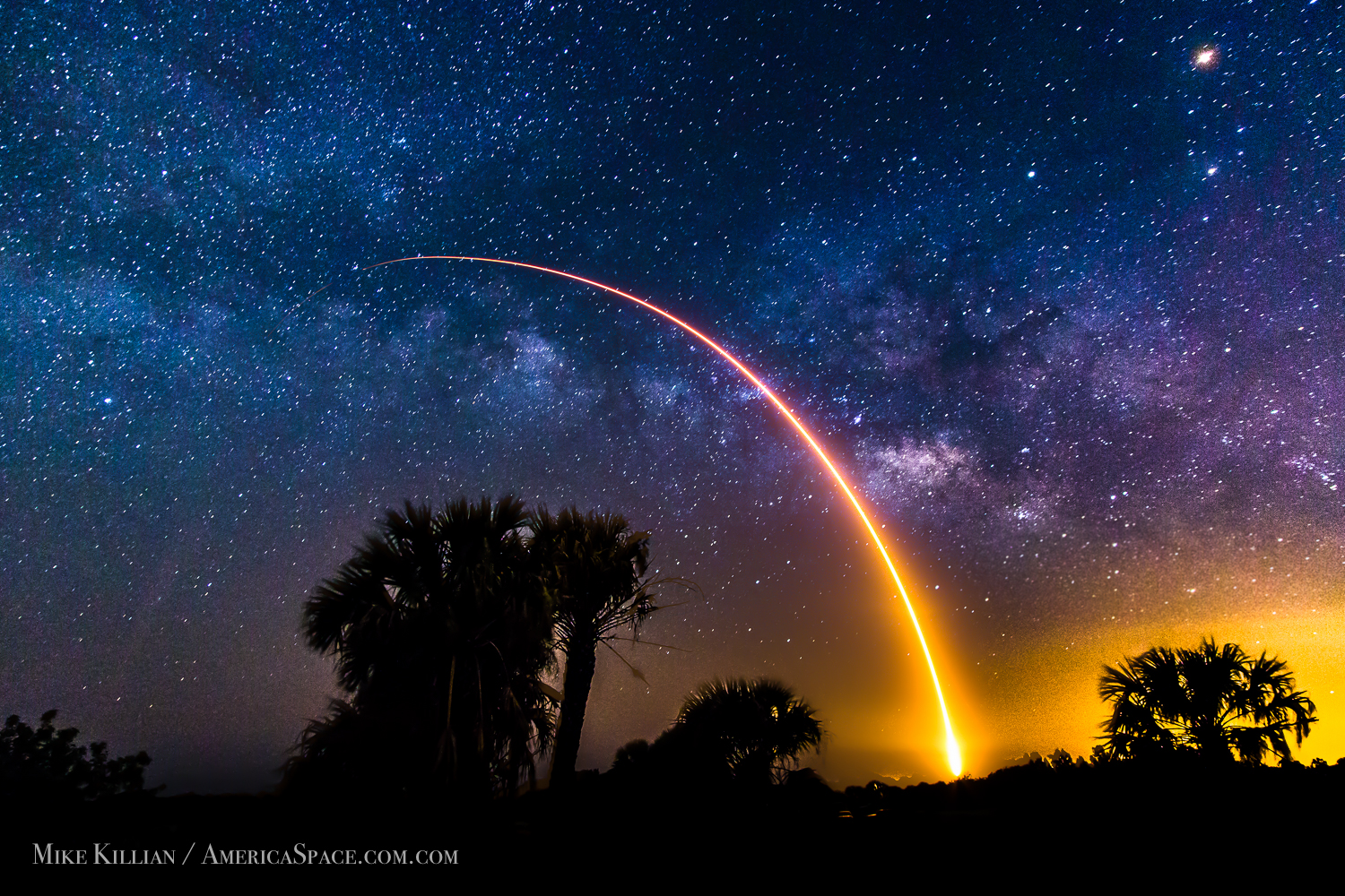 A SpaceX Falcon-9 rocket pulled off a picture-perfect launch at 1:21 a.m. EDT May 6, 2016 from Cape Canaveral, Fla SLC-40, successfully delivering the JCSAT-14 satellite to GTO. Photo Credit: Mike Killian / AmericaSpace