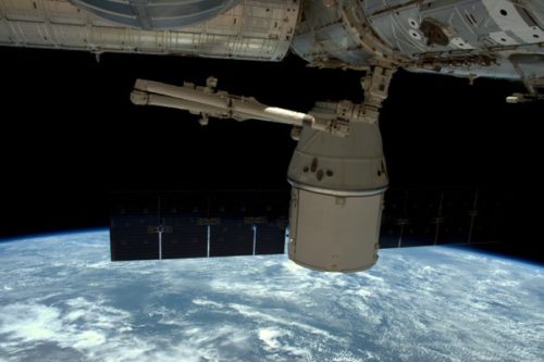 The CRS-8 Dragon is detached from the Earth-facing (or "nadir") port of the Harmony node, via Canadarm2. Photo Credit: Tim Peake/NASA/Twitter