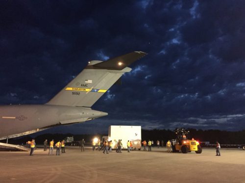 The OSIRIS-REx spacecraft is unloaded from a U.S. Air Force C-17 at NASA’s Kennedy Space Center Shuttle Landing Facility. Credit: University of Arizona/Erin Morton