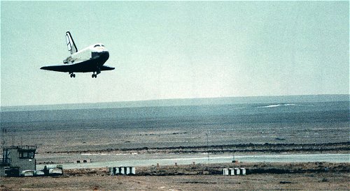 Buran 1.01 near touchdown at the Baikonur complex on its first and only flight to space.