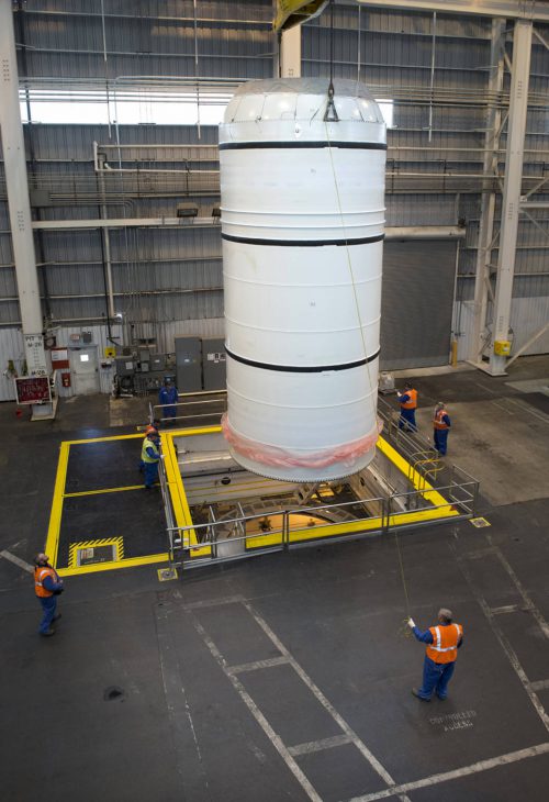 The first of 10 flight segments for the two solid-rocket boosters of NASA’s Space Launch System (SLS) was cast last month at Orbital ATK’s facility in Promontory, Utah. Photo Credit: Orbital ATK
