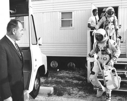 Astronauts Tom Stafford (foreground) and Gene Cernan became the Gemini IX prime crew, following the tragic deaths of Elliot See and Charlie Bassett in February 1966. Photo Credit: NASA, via Joachim Becker/SpaceFacts.de