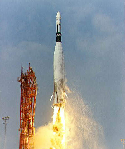 The pencil-like Gemini-Agena Target Vehicle (GATV), mounted atop its Agena booster, rises from Pad 14 at Cape Kennedy on 17 May 1966. Disaster engulfed the mission a few minutes later. Photo Credit: NASA