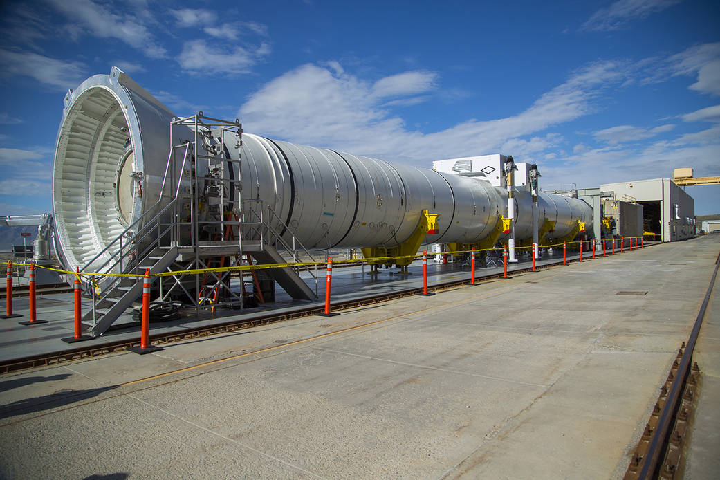 A full-scale, test version of the booster for NASA's new rocket, the Space Launch System, will fire up for the second of two qualification ground tests June 28 at prime contractor Orbital ATK's test facility in Promontory, Utah. File photo after the QM-1 test fire in 2015. Photo Credit: Orbital ATK