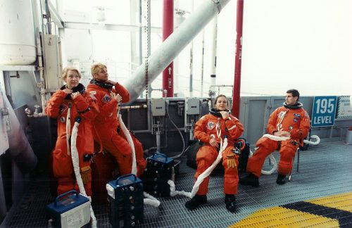 Pictured during training, the STS-40 crew was the first in history to feature as many as three female astronauts. From left are Rhea Seddon, Millie Hughes-Fulford and Tammy Jernigan (seated), with Drew Gaffney at far right. Photo Credit: NASA, via Joachim Becker/SpaceFacts.de