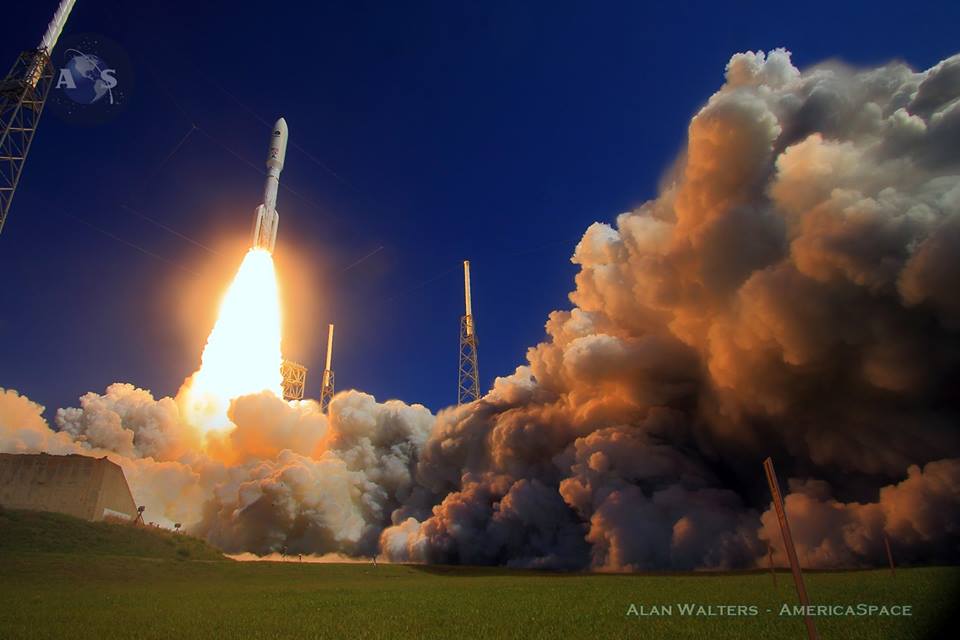 The NAVY's 7.5 ton MUOS-5 satellite thunders out of Launch Complex-41 June 24, 2016, flying atop ULA's most powerful Atlas-V rocket, the 551. Photo Credit: Alan Walters / AmericaSpace