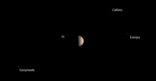 Image taken by Juno on June 29, 2016 of Jupiter and its four largest moons. Image Credit: NASA/JPL-Caltech/SwRI/MSSS
