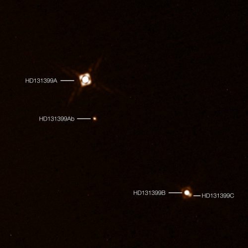 Image showing the newly discovered exoplanet HD 131399Ab, along with the three stars in the system. The image was obtained with the SPHERE imager on the ESO Very Large Telescope in Chile. Image Credit: Credit: ESO/K. Wagner et al.