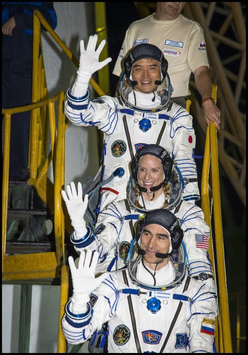 The Soyuz MS-01 crew (from bottom) Anatoli Ivanishin, Kate Rubins and Takuya Onishi formed the second half of Expedition 48, before rotating into the core of Expedition 49. Photo Credit: NASA
