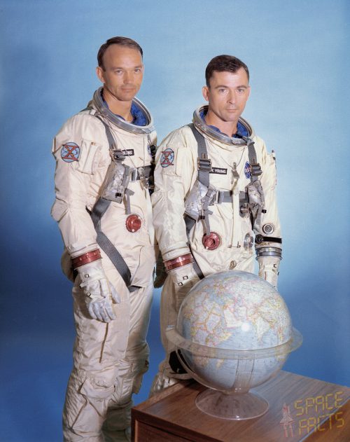Both members of the Gemini X crew, Command Pilot John Young (right) and Pilot Mike Collins would travel to lunar distance, later in their careers. Young would walk upon the Moon's surface, as well as becoming one of only three humans to have journeyed to lunar distance on two occasions. Meanwhile, Collins would be a member of the historic Apollo 11 crew. Photo Credit: NASA, via Joachim Becker/SpaceFacts.de