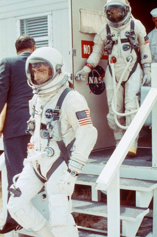 John Young (left) and Mike Collins walk out to their spacecraft on launch morning. For Young, it was his second spaceflight, whilst Collins was a "rookie". Photo Credit: NASA, via Joachim Becker/SpaceFacts.de