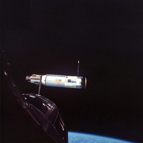 Six hours after launching from Cape Kennedy on 18 July 1966, Gemini X Command Pilot John Young and Pilot Mike Collins rendezvoused and docked with Gemini-Agena Target Vehicle (GATV)-5005. It was the first of a record-setting two rendezvous to be performed during their three-day mission. Photo Credit: NASA, via Joachim Becker/SpaceFacts.de
