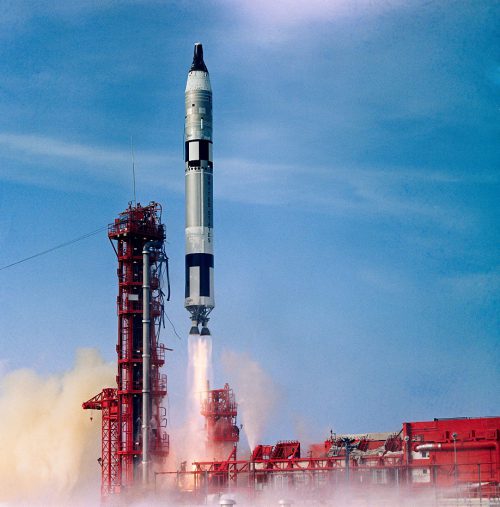 Gemini X rockets towards orbit, atop a Titan II booster from Cape Kennedy's Pad 19, at 5:20 p.m. EDT on 18 July 1966. Photo Credit: NASA, via Joachim Becker/SpaceFacts.de