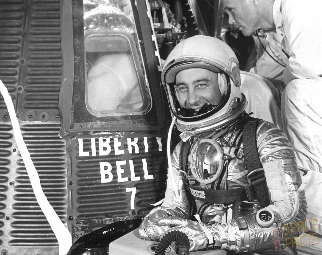 The white crack on the side of his capsule, paralleling that on the real Liberty Bell, is visible to the left of this pre-launch image of Virgil "Gus" Grissom. Photo Credit: NASA