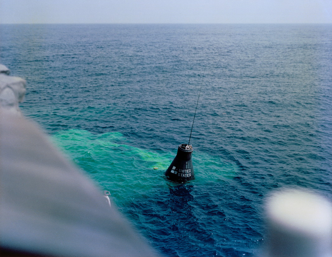 This was one of the final views of Liberty Bell 7 on 21 July 1961, before it was lost beneath the waves of the Atlantic Ocean. Not until 1999, more than three decades after Grissom's death, would the sunken capsule be returned to the surface. Photo Credit: NASA, via Joachim Becker/SpaceFacts.de