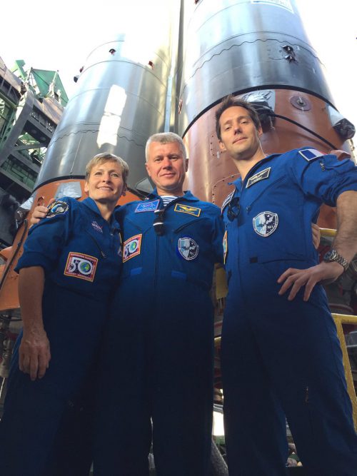 Backing up Ivanishin, Onishi and Rubins are Russian cosmonaut Oleg Novitsky (center), NASA astronaut Peggy Whitson and France's Thomas Pesquet. They are seen at the base of the Soyuz MS-01 launch vehicle on 3 July. Photo Credit: Thomas Pesquet/Twitter