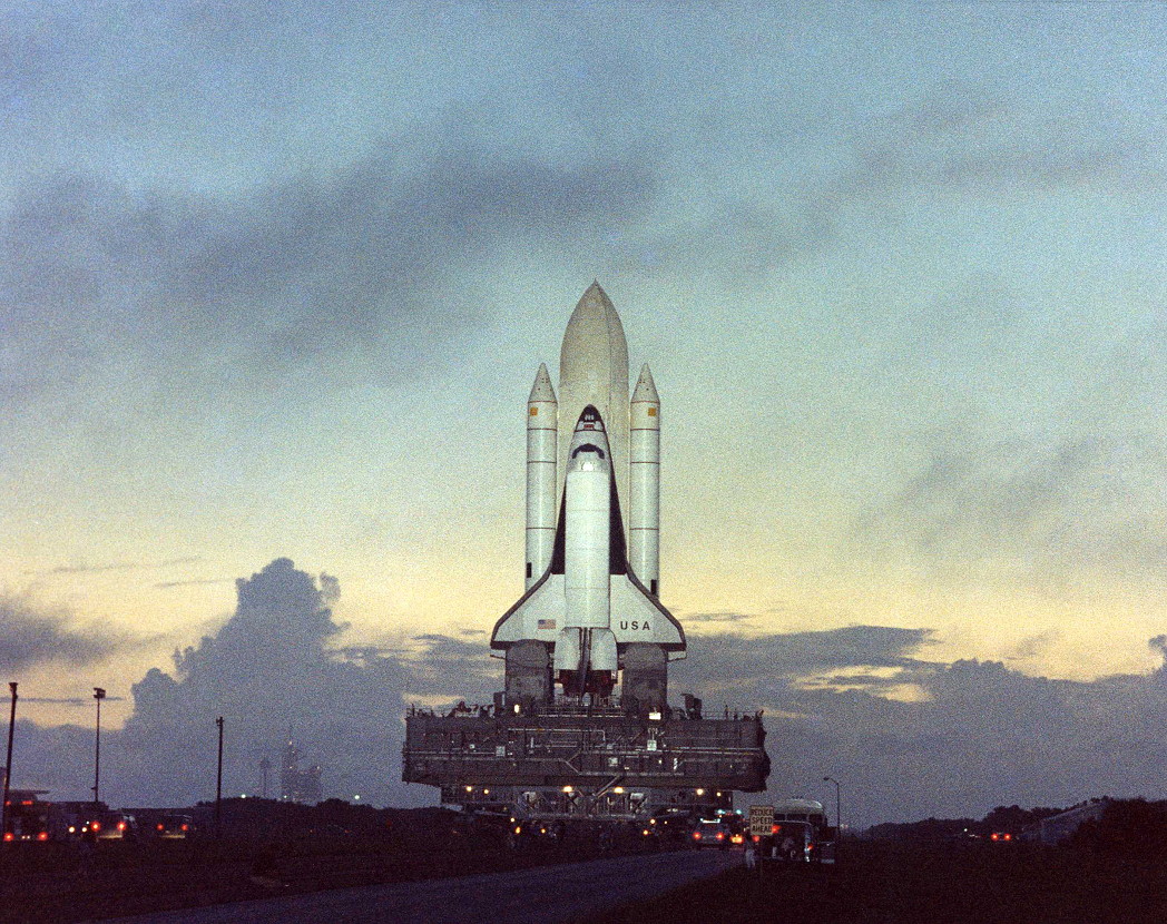 Columbia rolls out to Pad 39A in August 1981, ahead of the STS-2 mission. Photo Credit: NASA, via Joachim Becker/SpaceFacts.de