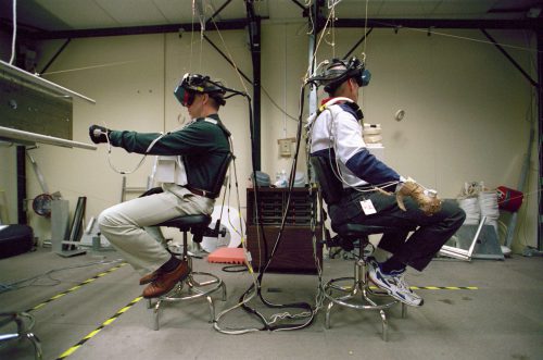 Pat Forrester (left) and Dan Barry use Virtual Reality (VR) tools to prepare for their two EVAs. Photo Credit: NASA
