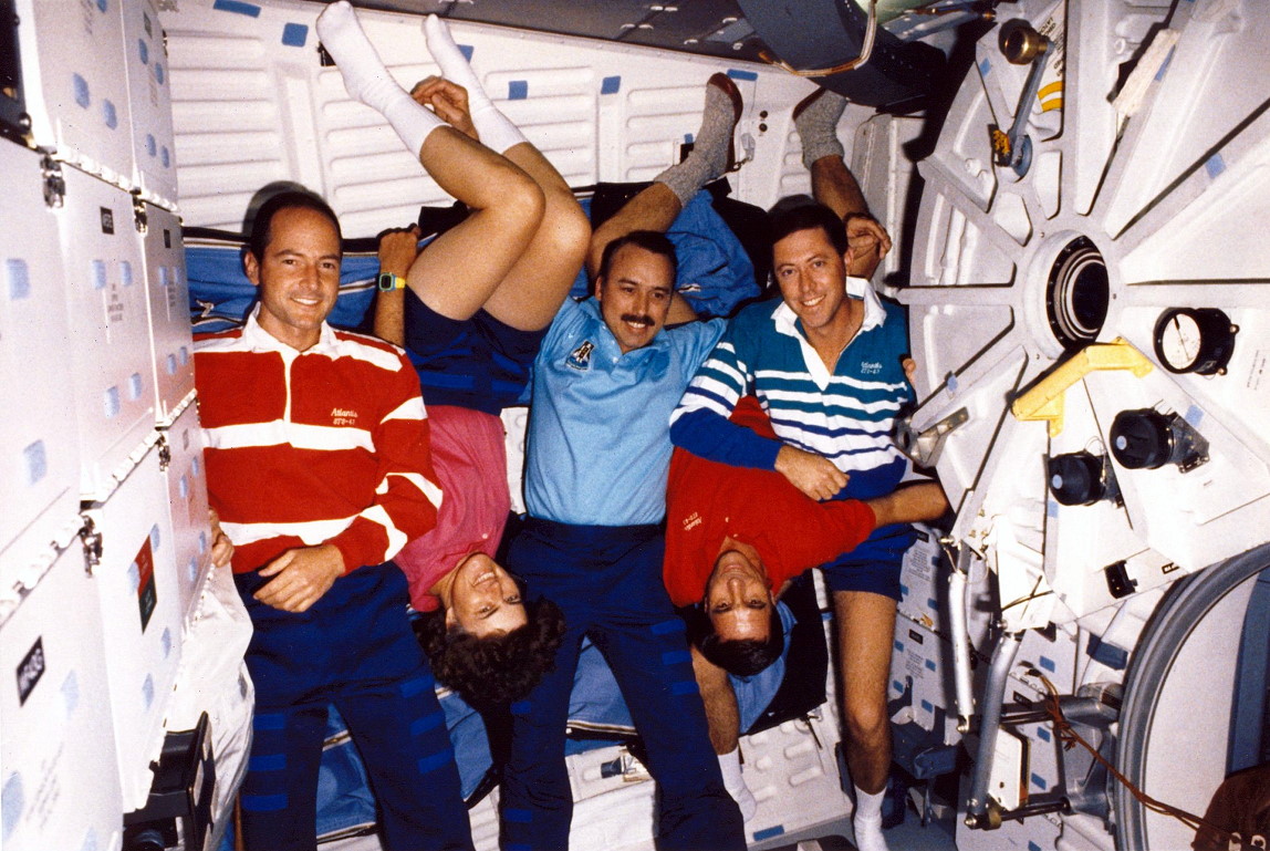 The STS-43 consisted of (from left) David Low, Shannon Lucid, Jim Adamson, John Blaha and Mike Baker. Theirs was the fifth-longest shuttle mission in history at the time. Photo Credit: NASA, via Joachim Becker/SpaceFacts.de