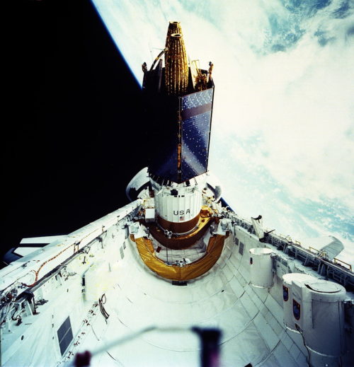 The TDRS-E spacecraft departs Atlantis' payload bay on 2 August 1991. STS-43 was the only occasion that a TDRS was deployed from Atlantis. Photo Credit: NASA, via Joachim Becker/SpaceFacts.de