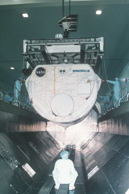 The Spacehab double module is prepared for its maiden voyage on STS-79. Photo Credit: NASA