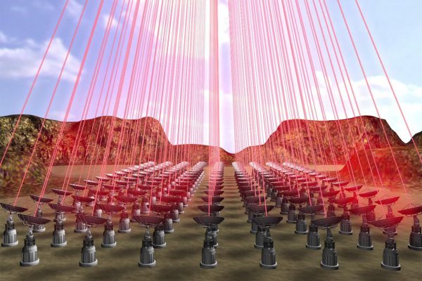 Breakthrough Starshot would use laser arrays to shoot lasers at the lightsails attached to the wafersats, propelling them. Image Credit: Breakthrough Initiatives