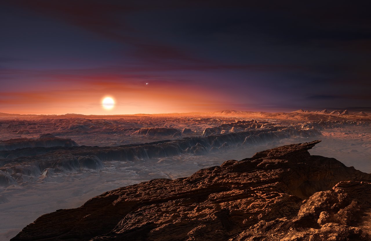 Artist's conception of what Proxima b might look like. It is just slightly more massive than Earth and orbits in its star's habitable zone. Temperatures might allow liquid water to exist on its surface. A potentially habitable world, it is also now the closest known exoplanet. Image Credit: ESO/M. Kornmesser