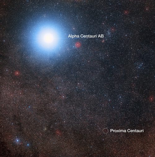 Image of the sky around the bright star Alpha Centauri AB, also showing the much fainter red dwarf star, Proxima Centauri. The picture was created from pictures forming part of the Digitized Sky Survey 2. The blue halo around Alpha Centauri AB is just an artifact of the photographic process; the star is actually pale yellow in color like the Sun. Image Credit: Digitized Sky Survey 2 Acknowledgement: Davide De Martin/Mahdi Zamani