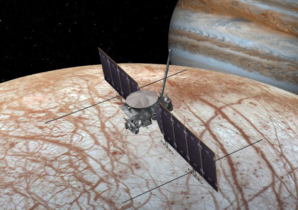 Artist's conception of the Europa Clipper spacecraft near Europa. Image Credit: NASA/JPL-Caltech