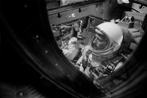 Pete Conrad (foreground) and Dick Gordon, with dark EVA visor, are pictured aboard Gemini IX. Both men later journeyed to the Moon together on Apollo 12. Photo Credit: NASA