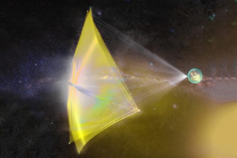 Artist's conception of a Starshot spacecraft, a tiny circuit board-like wafer attached to a solar sail. Image Credit: breakthroughinitiatives.org