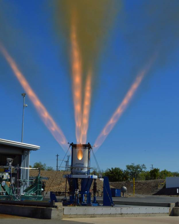 From Aerojet Rocketdyne: "Third development jettison motor for NASA’s Orion Launch Abort System fires for 1.5 seconds at Aerojet Rocketdyne’s facility in Sacramento, California." Photo Credit: Aerojet Rocketdyne