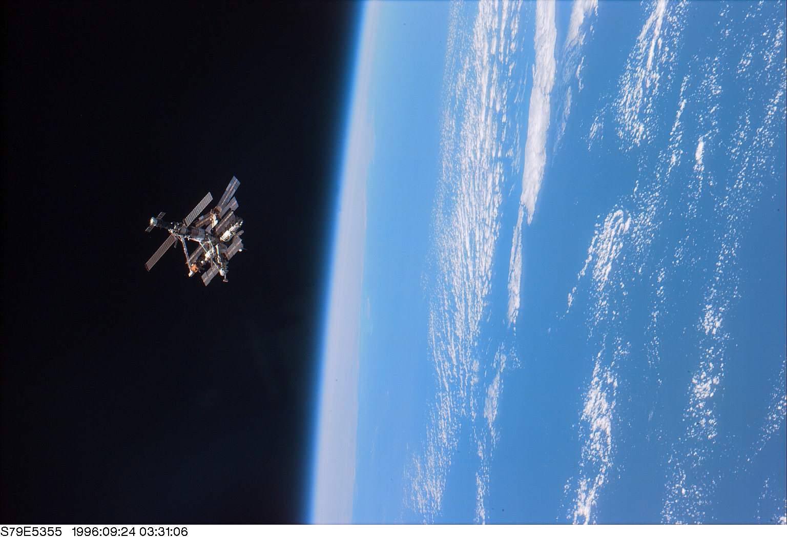 For the first time on STS-79, a shuttle crew saw Mir in its complete configuration, with six research and habitation modules. This would form John Blaha's home for four months from September 1996 through January 1997. Photo Credit: NASA