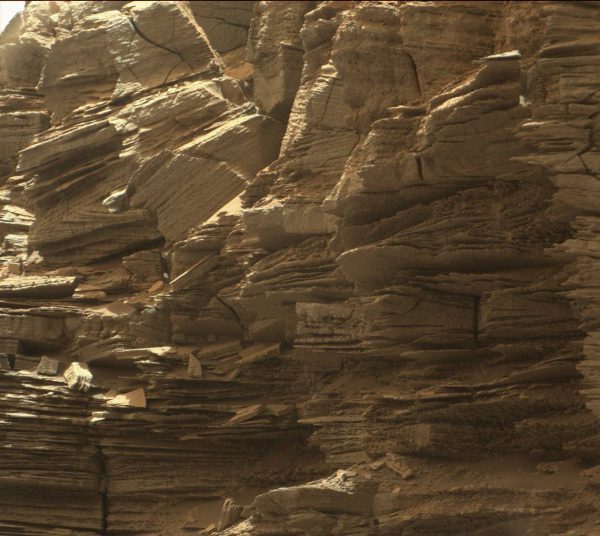 Very fine, thin layering on a steep side of one of the buttes. Photo Credit: NASA/JPL-Caltech/MSSS