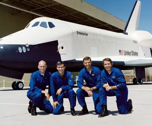 Flying Enterprise for her test flights were (from left) Gordon Fullerton, Fred Haise, Joe Engle and Dick Truly. Photo Credit: NASA