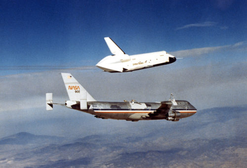 Enterprise departs the Shuttle Carrier Aircraft (SCA) for the first time on 12 August 1977. Photo Credit: NASA