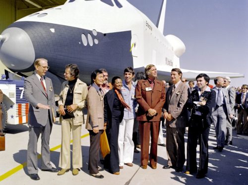 NASA Administrator James Fletcher (left) and the cast of "Star Trek" were on hand for Enterprise's rollout on 17 September 1976. Photo Credit: NASA