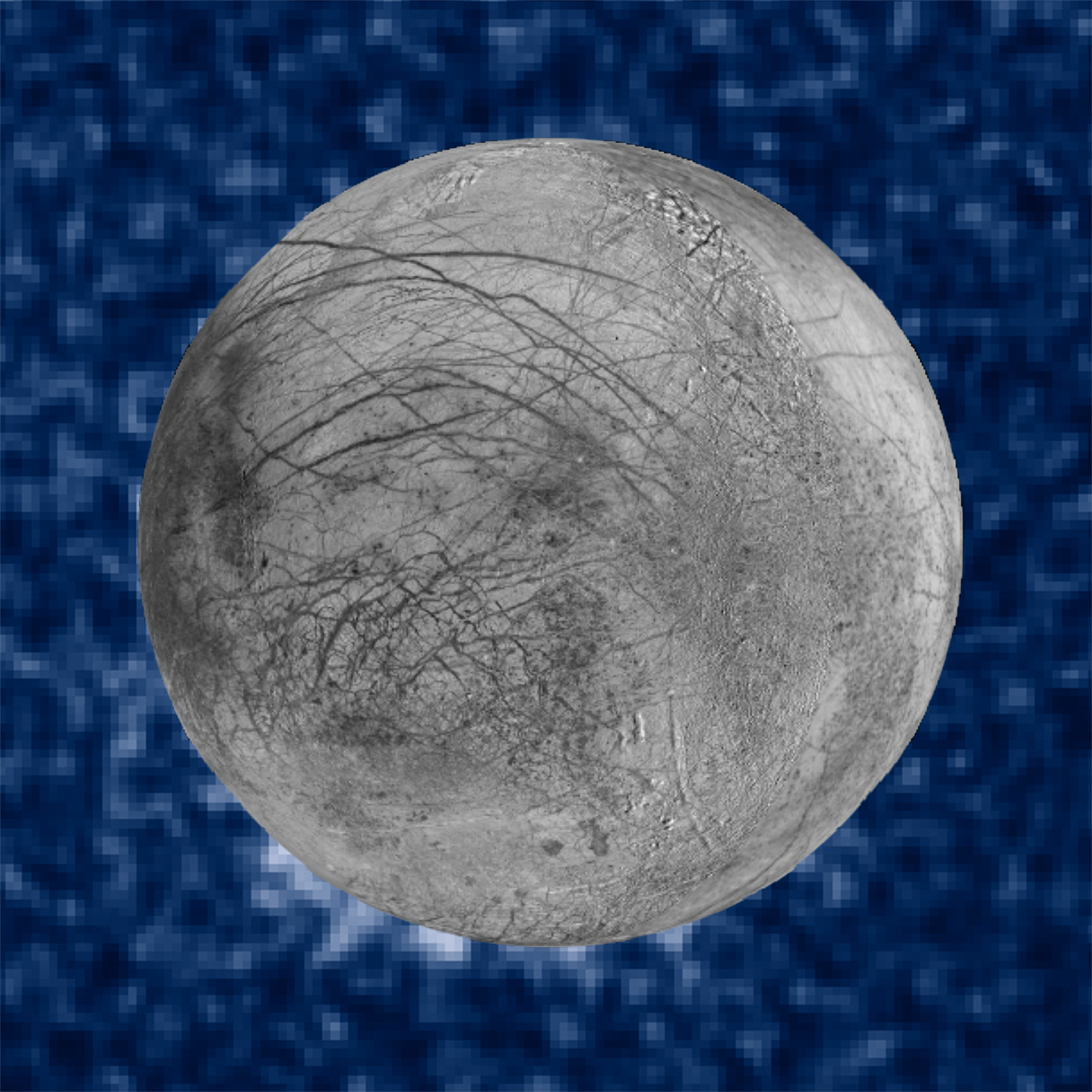 Composite image showing the possible water vapor plumes near the south pole of Europa, at about the 7 o'clock position. The image of Europa, from the Galileo and Voyager missions, is superimposed on the Hubble data. Image Credit: NASA/ESA/W. Sparks (STScI)/USGS Astrogeology Science Center