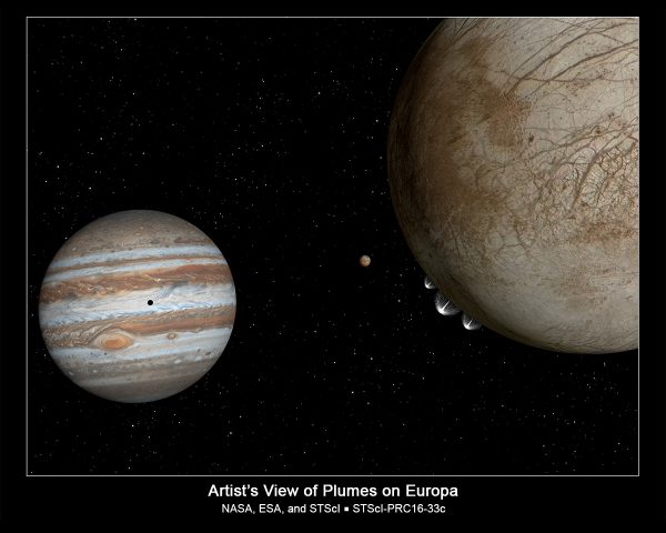 Artist's conception of the plumes on Europa. Image Credit: NASA/ESA/G. Bacon (STScI)
