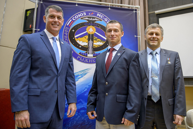 The Soyuz MS-02 crew (from left) consists of NASA astronaut Shane Kimbrough and Russian cosmonauts Sergei Ryzhikov and Andrei Borisenko. Photo Credit: NASA
