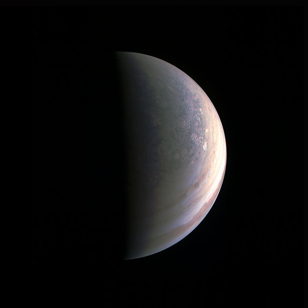 From NASA: "NASA's Juno spacecraft captured this view as it closed in on Jupiter's north pole, about two hours before closest approach on Aug. 27, 2016." Image Credit: NASA/JPL-Caltech/SwRI/MSSS