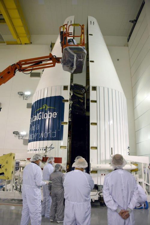 WorldView-4 is encapsulated inside the 14-foot-diameter (4-meter) Atlas V payload fairing. Photo Credit: Lockheed Martin