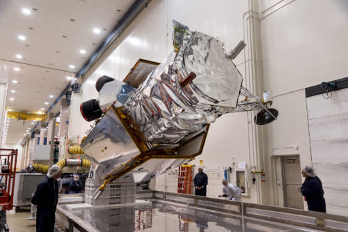 WorldView-4's 3.4-foot-diameter (1.1-meter) telescope assembly is clearly visible in this view at Vandenberg Air Force Base, Calif., after the satellite had bee uncrated on 28 July. Photo Credit: Lockheed Martin