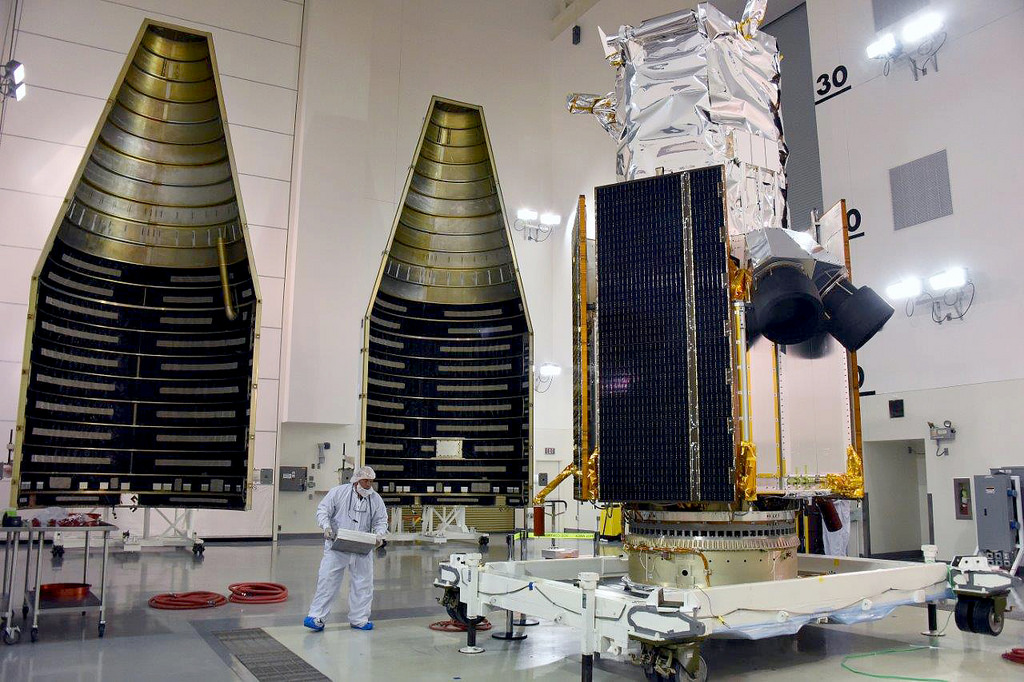 DigitalGlobe's WorldView-4 satellite is readied for encapsulation in the Atlas V payload fairing on 8 September 2016. Photo Credit: Lockheed Martin