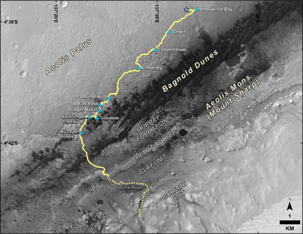 Map showing the route Curiosity has taken since landing in August 2012, as well as the planned path beyond Murray Buttes. Image Credit: NASA/JPL-Caltech/Univ. of Arizona 