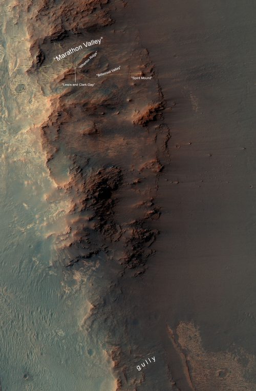 Map showing the location of Opportunity right now, at Spirit Mound, just outside of Marathon Valley. Soon, the rover will head toward the gully to the south. Image Credit: NASA/JPL-Caltech/Univ. of Arizona